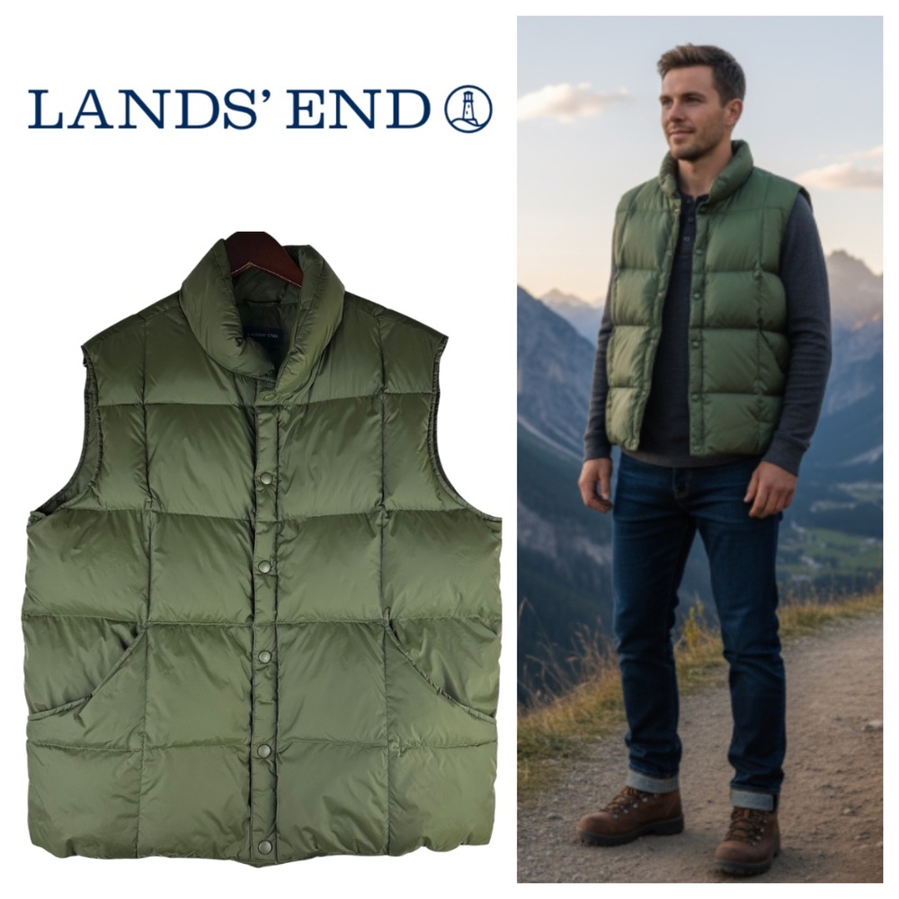 Lands End Puffer Vest Jacket Mens Large 42 44 Goose Down Olive Green Gorpcore